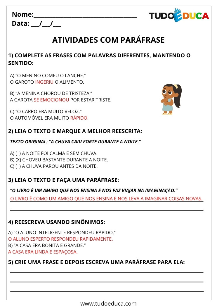 Atividade de Portugues 5 ano com gabarito sobre parafrase
