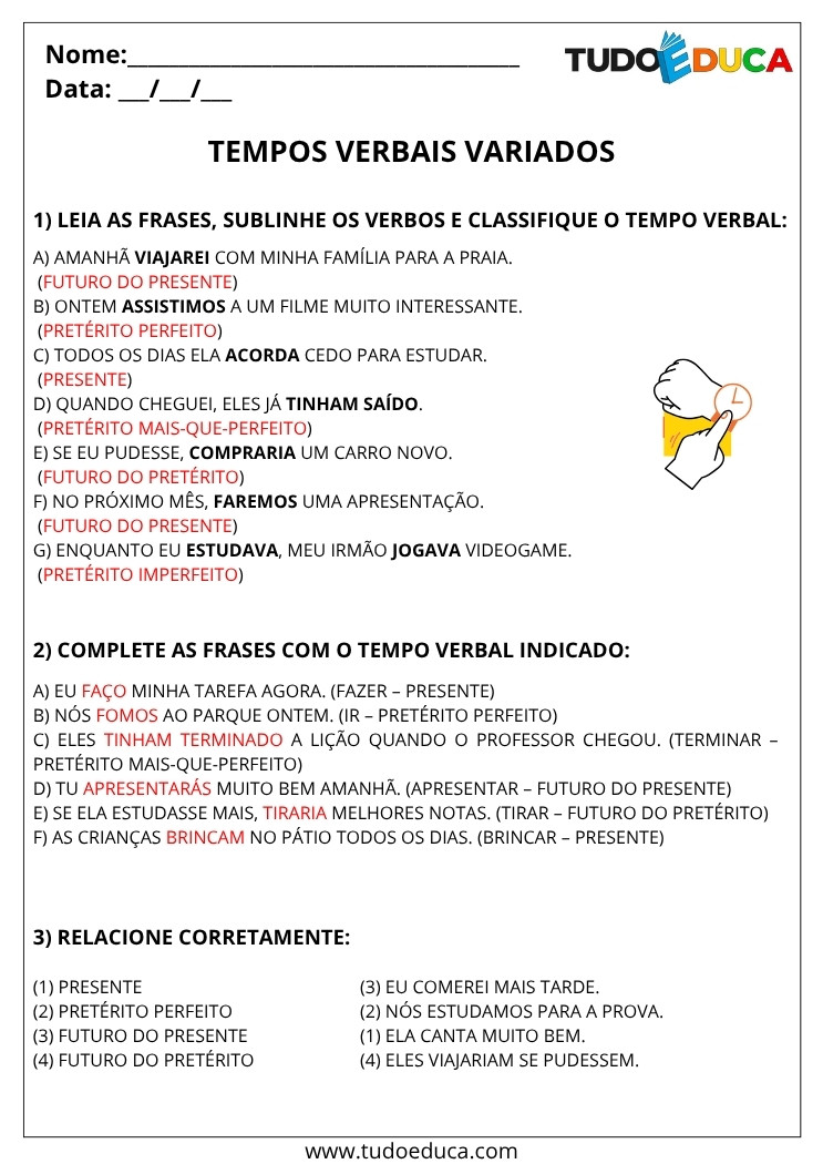 Atividade de Portugues 5 ano com gabarito tempos verbais variados