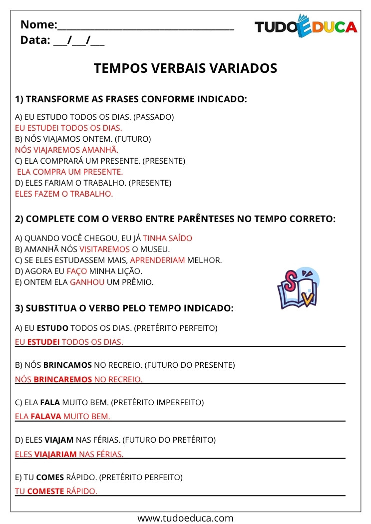 Atividade de Portugues 5 ano com gabarito tempos verbais