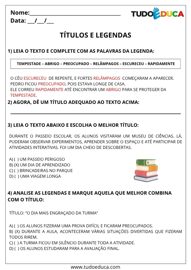 Atividade de Portugues 5 ano com gabarito titulos e legendas