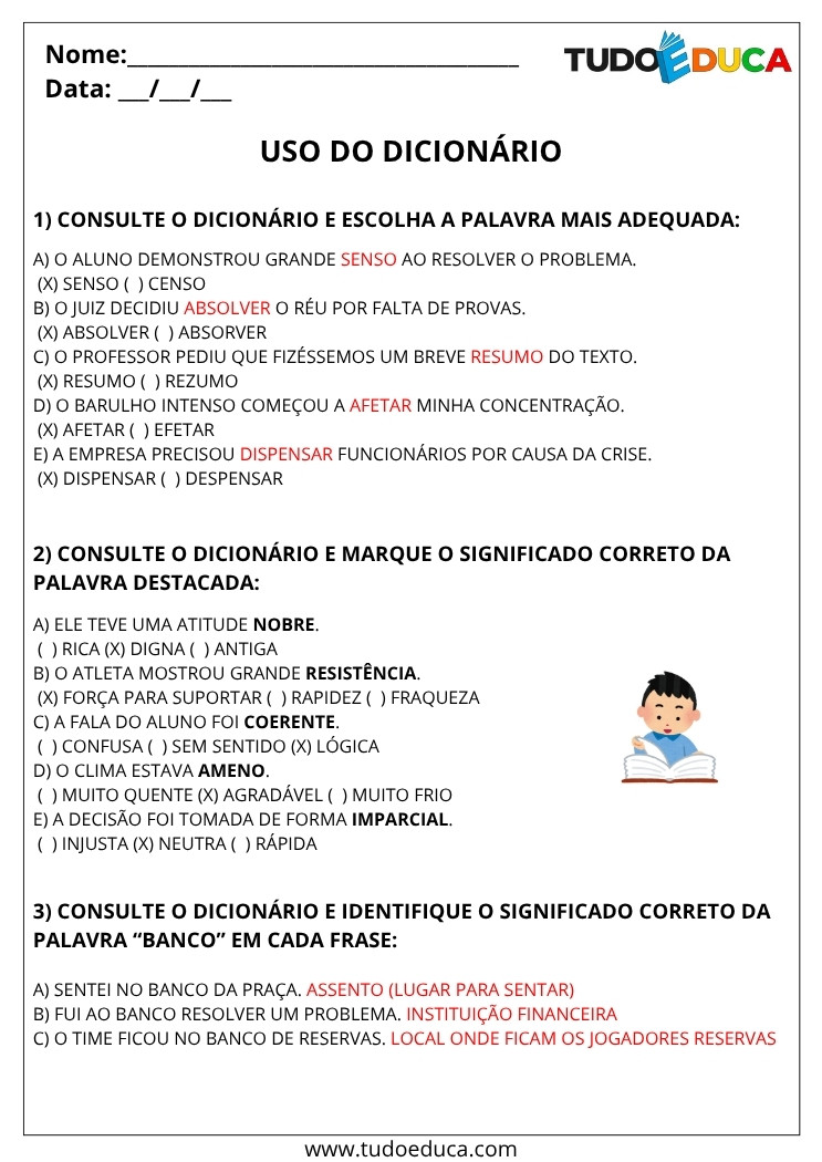 Atividade de Portugues 5 ano com gabarito uso de dicionario