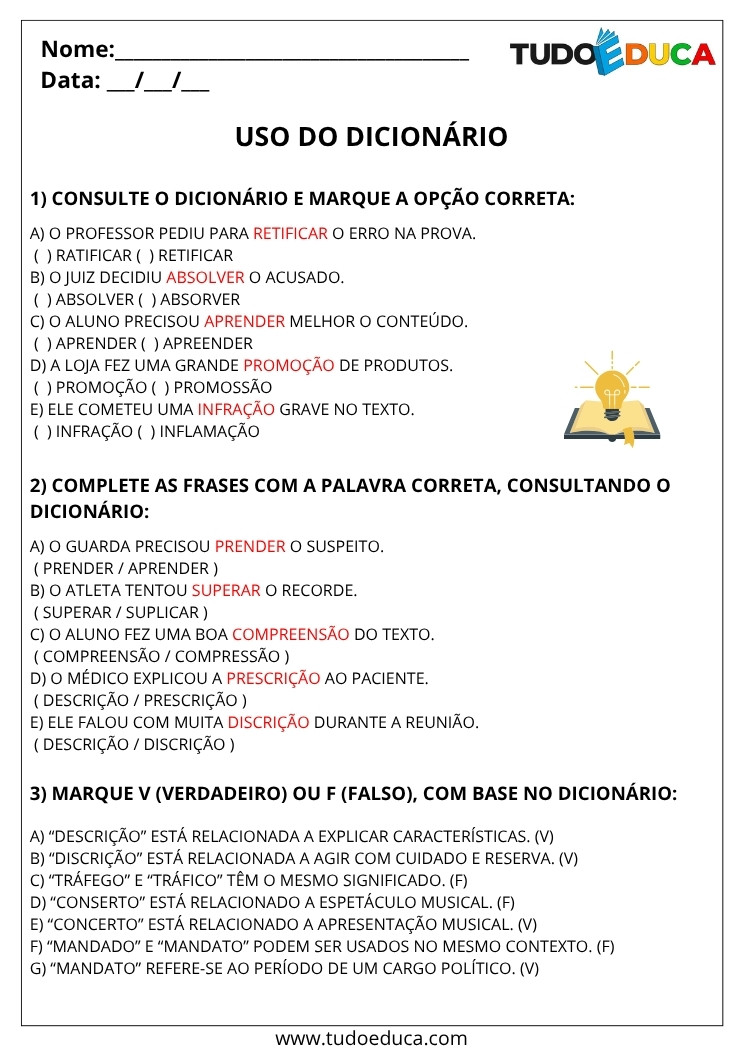 Atividade de Portugues 5 ano com gabarito uso dicionario