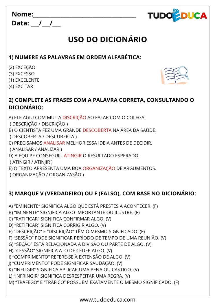 Atividade de Portugues 5 ano com gabarito uso do dicionario