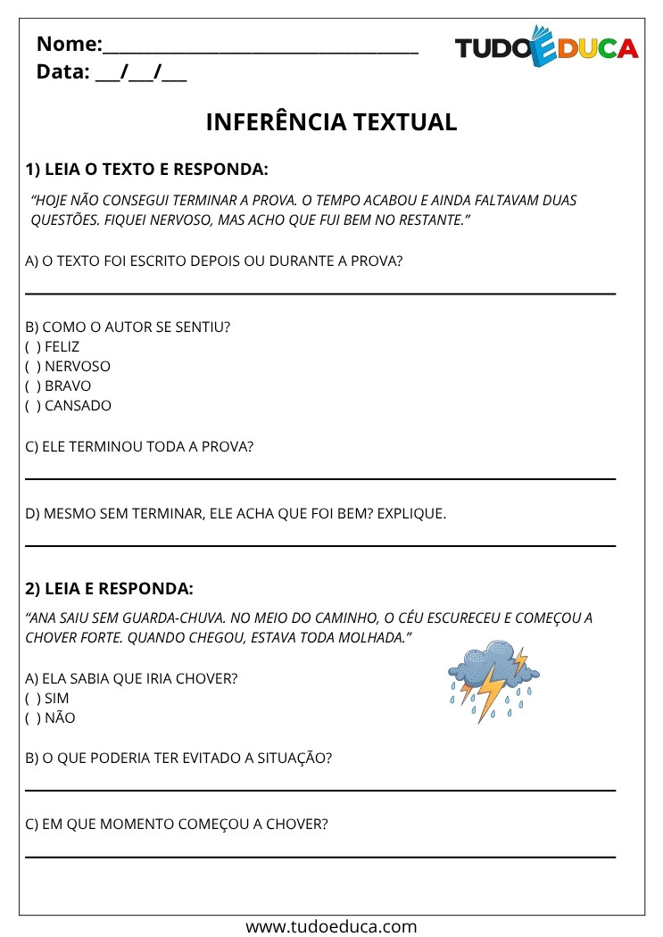 Atividade de Portugues 5 ano com inferencia textual