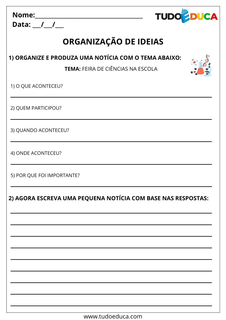 Atividade de Portugues 5 ano com organizacao de ideias