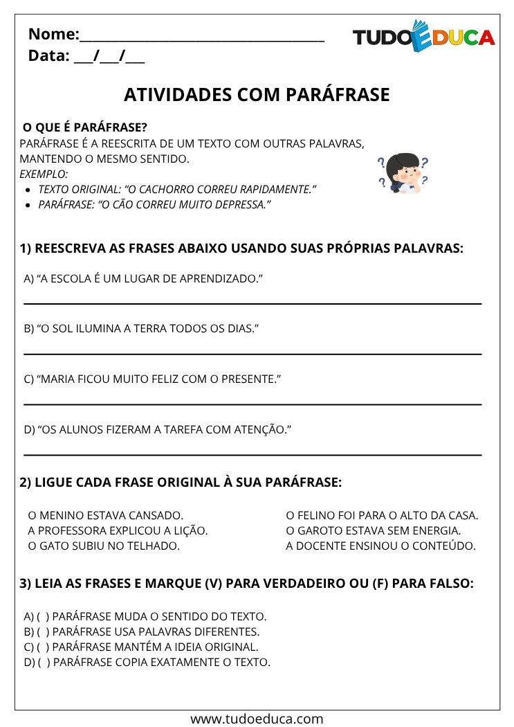 Atividade de Portugues 5 ano com parafrase