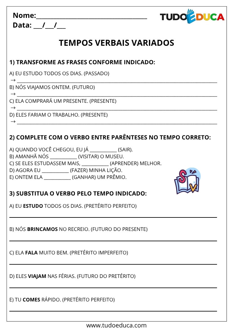 Atividade de Portugues 5 ano com tempos verbais variados
