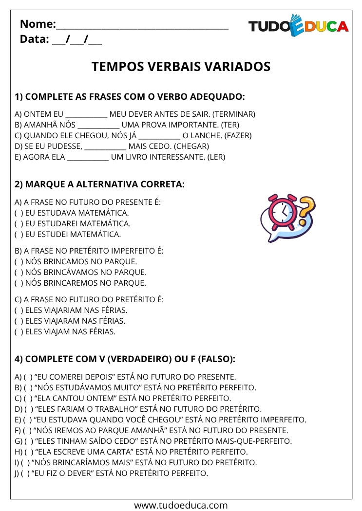 Atividade de Portugues 5 ano com tempos verbais