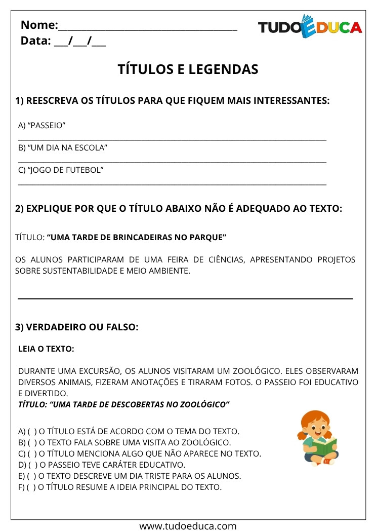 Atividade de Portugues 5 ano com titulos e legendas