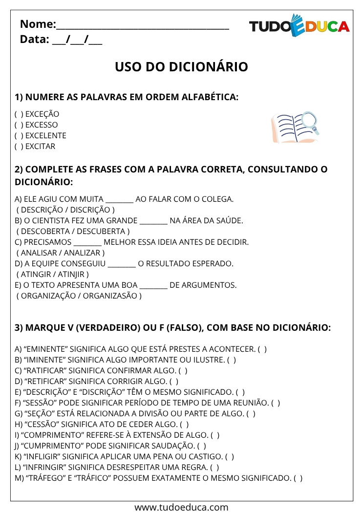 Atividade de Portugues 5 ano com uso do dicionario