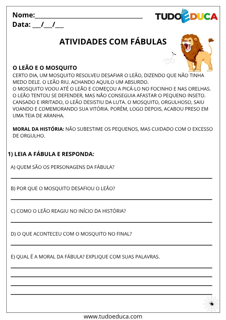 Atividade de Portugues 5 ano de fabulas