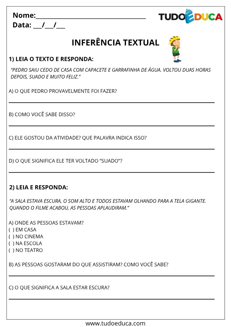 Atividade de Portugues 5 ano de inferencia textual