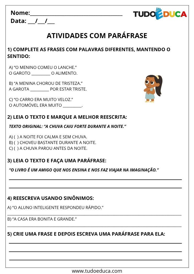 Atividade de Portugues 5 ano de parafrase
