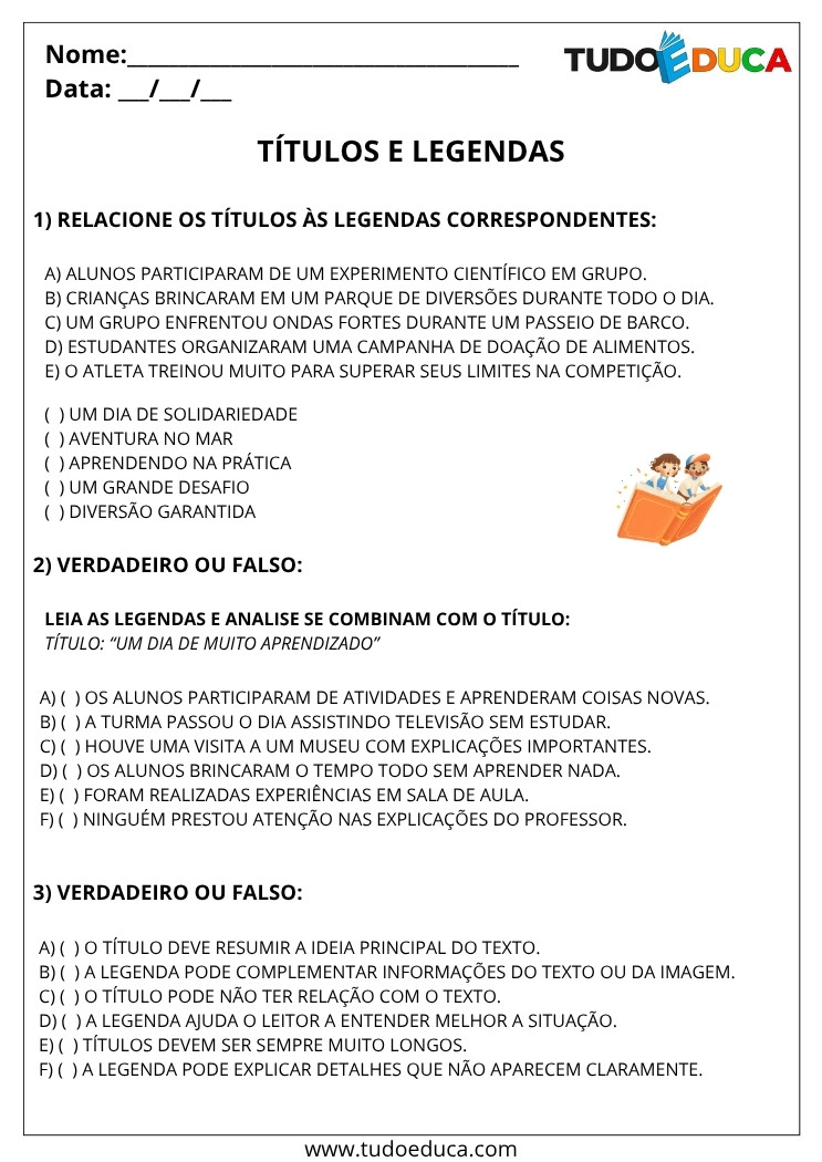 Atividade de Portugues 5 ano de titulos e legendas