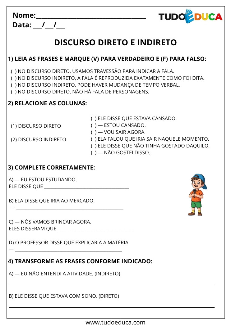 Atividade de Portugues 5 ano discurso direto e indireto