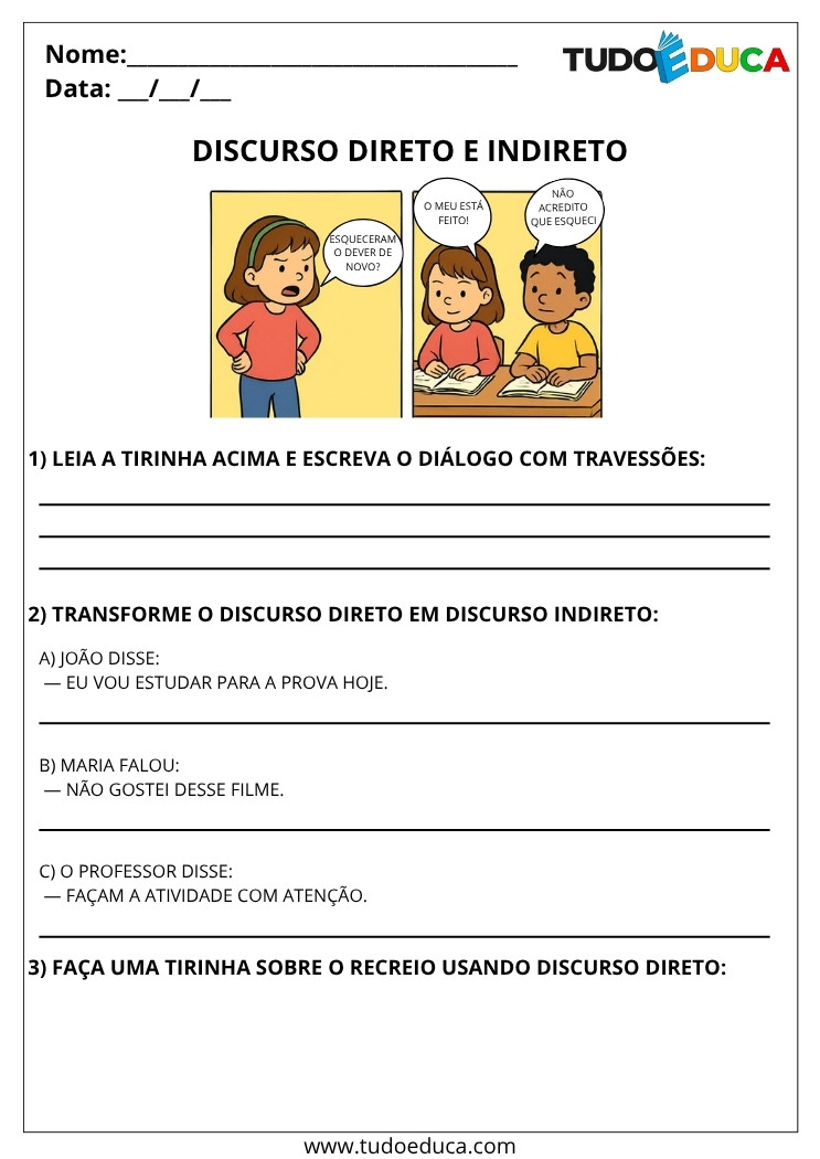 Atividade de Portugues 5 ano discurso direto