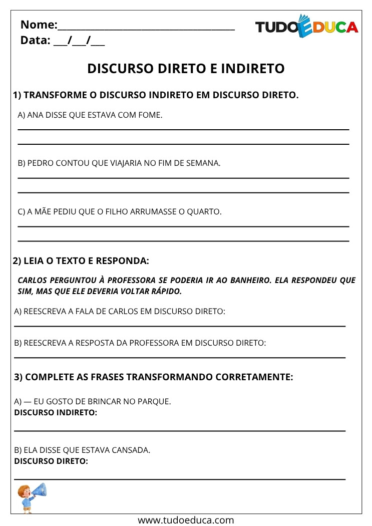 Atividade de Portugues 5 ano discurso indireto