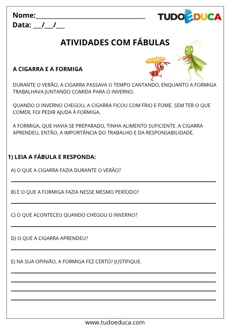 Atividade de Portugues 5 ano fabulas