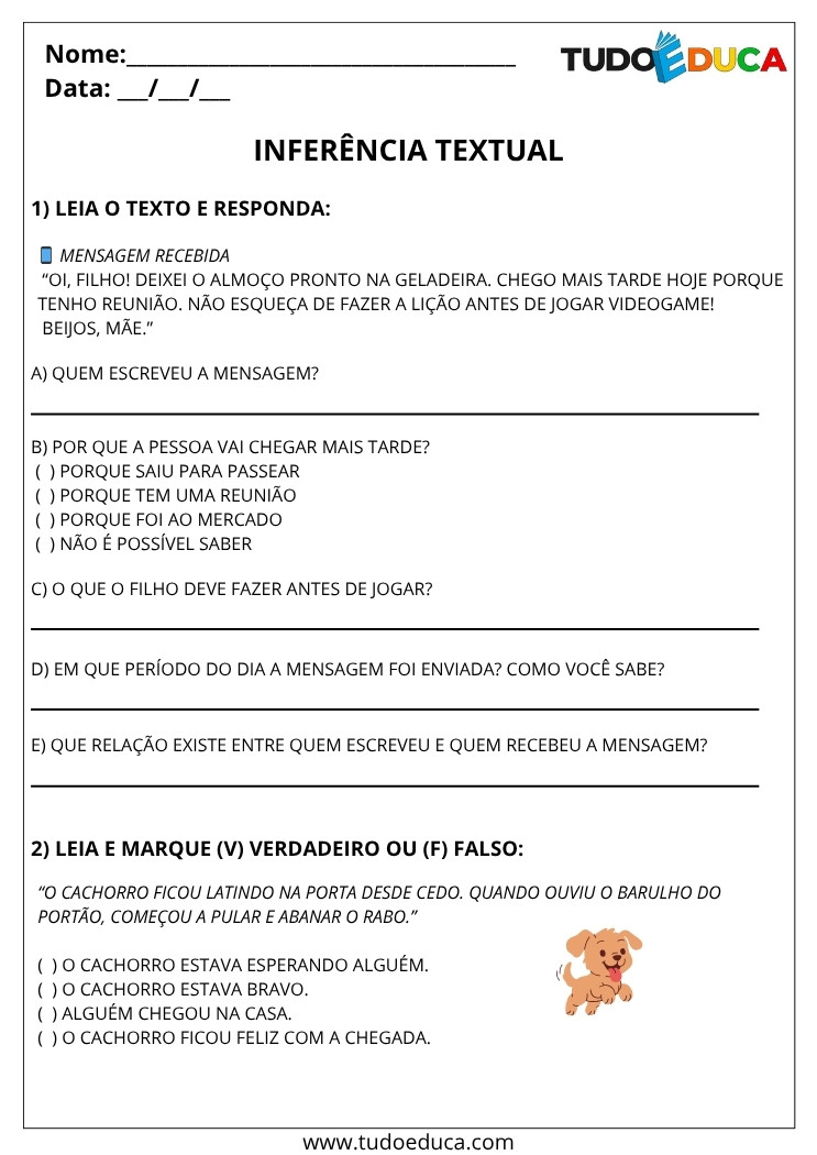 Atividade de Portugues 5 ano inferencia textual