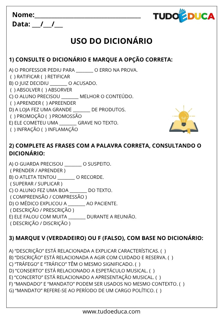 Atividade de Portugues 5 ano sobre dicionario