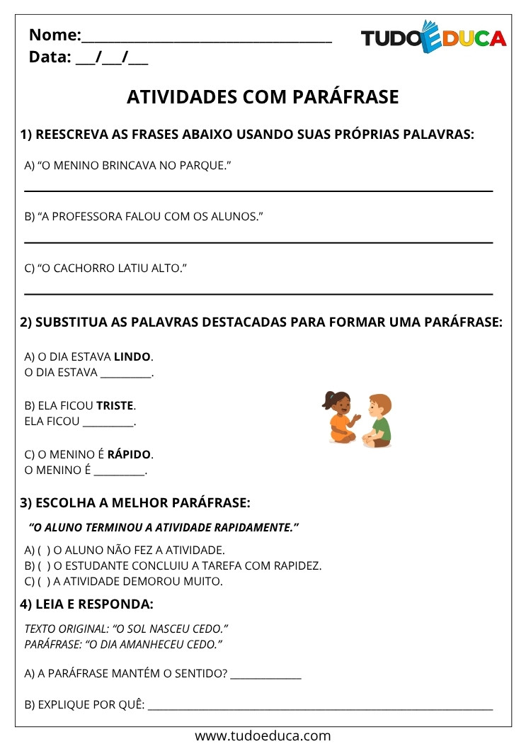 Atividade de Portugues 5 ano sobre parafrase