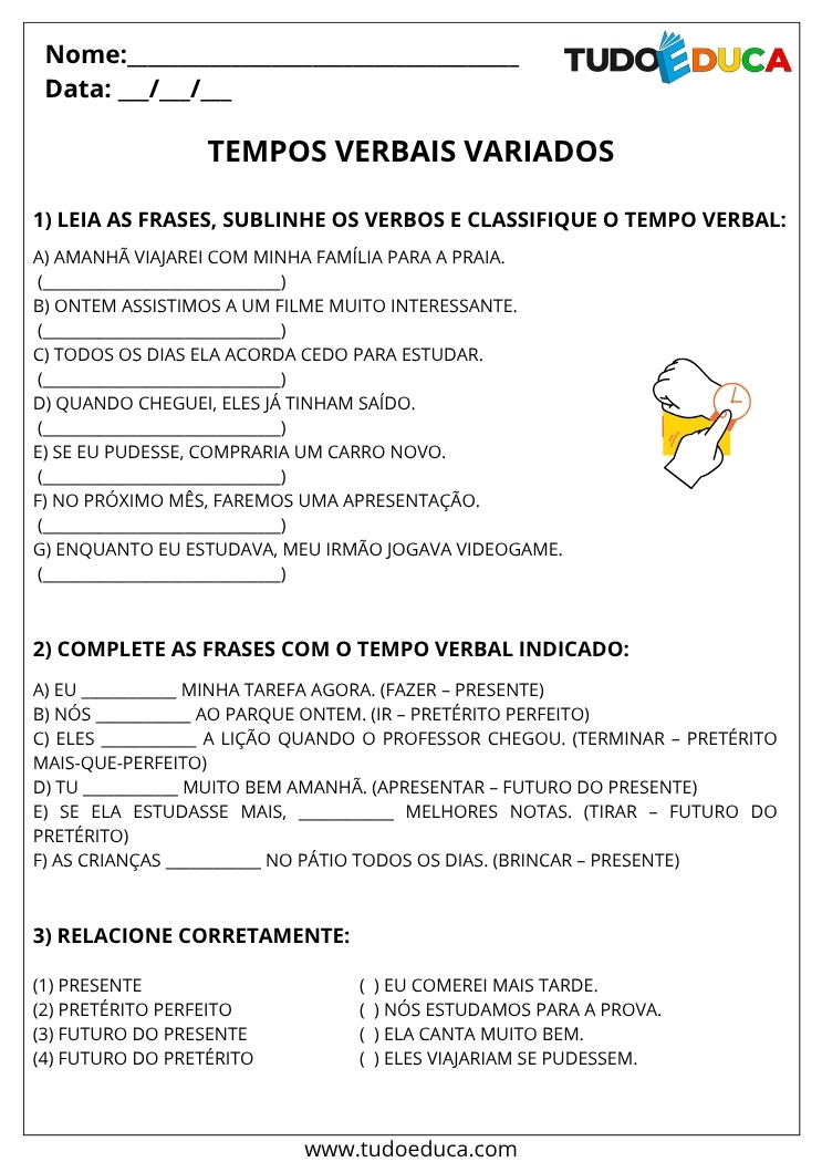 Atividade de Portugues 5 ano tempos verbais variados