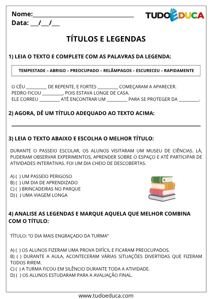 Atividade de Portugues 5 ano titulos e legendas