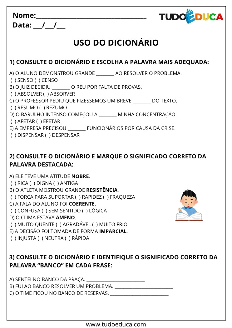 Atividade de Portugues 5 ano uso do dicionario