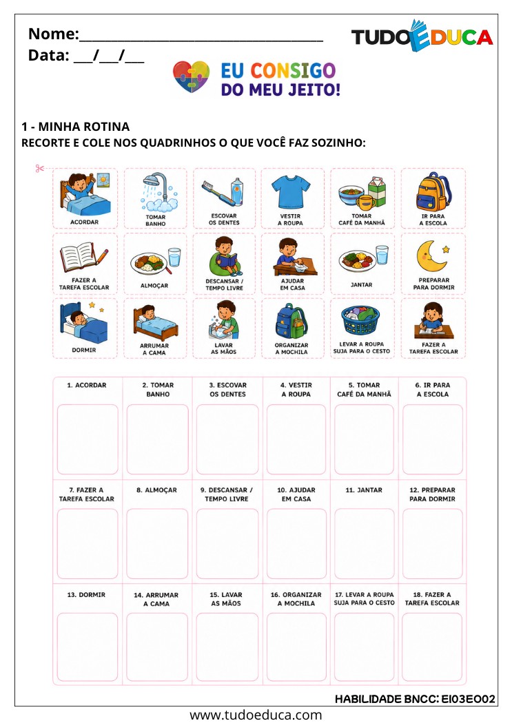 Atividade Inclusiva de Autonomia e Independência para educação infantil