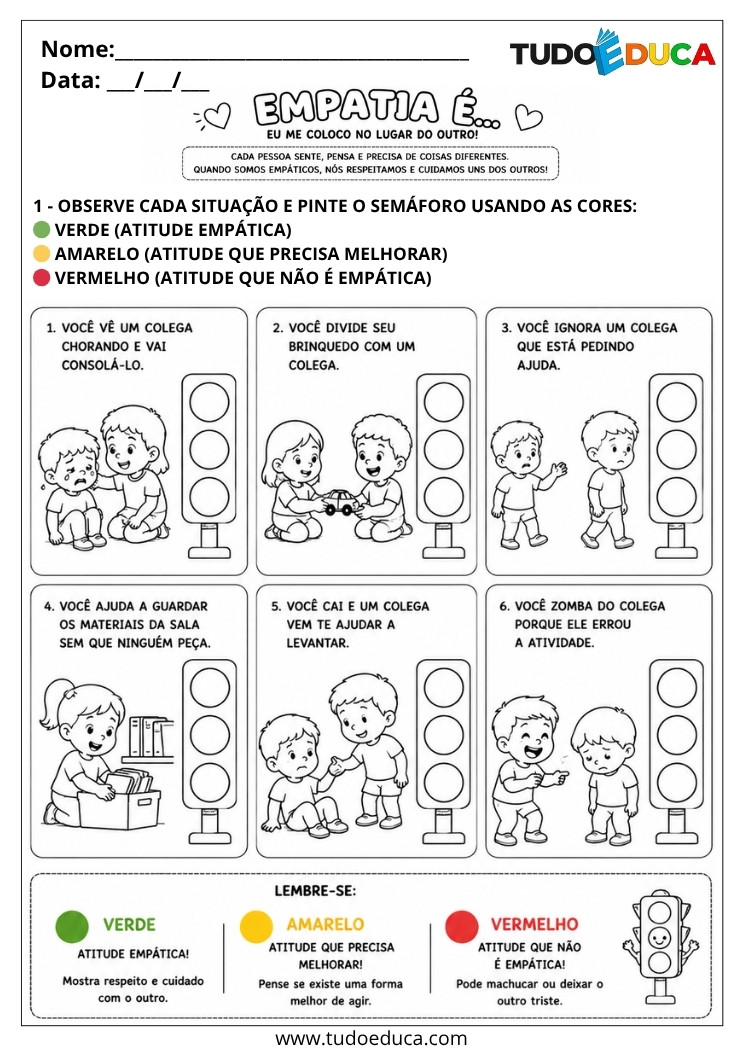 Atividade adaptada sobre empatia semáforo emocoes