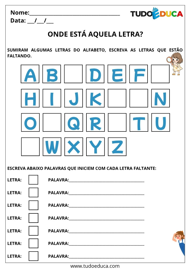 Atividade de Introdução ao Alfabeto para Autistas complete o alfabeto