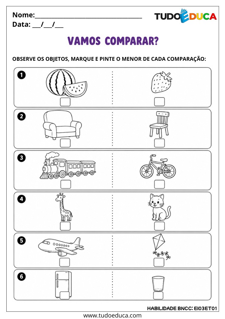 Atividade Inclusiva de Comparação de Objetos para autistas