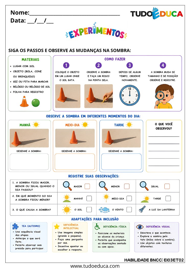 Atividade Inclusiva sobre Ações e Experimentos para autistas