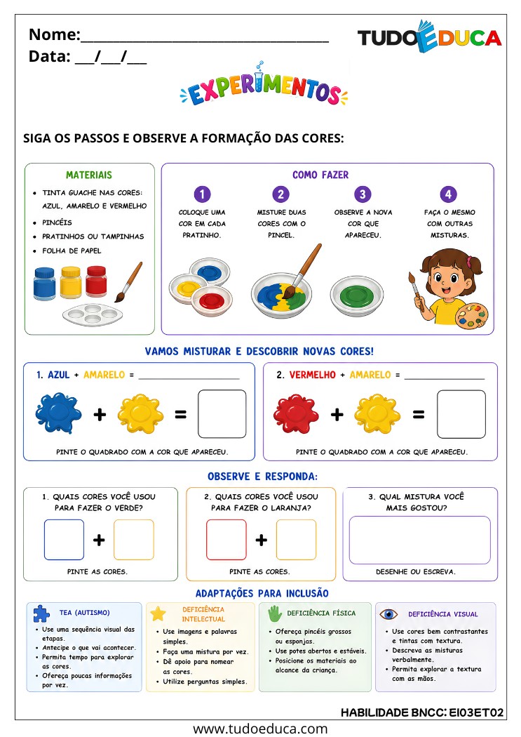Atividade Inclusiva sobre Ações e Experimentos para tdah