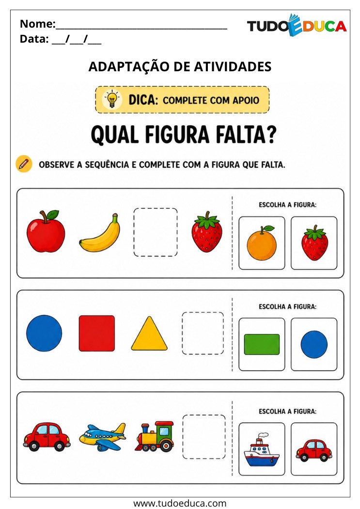 Atividade para Alunos com Deficiência Intelectual complete