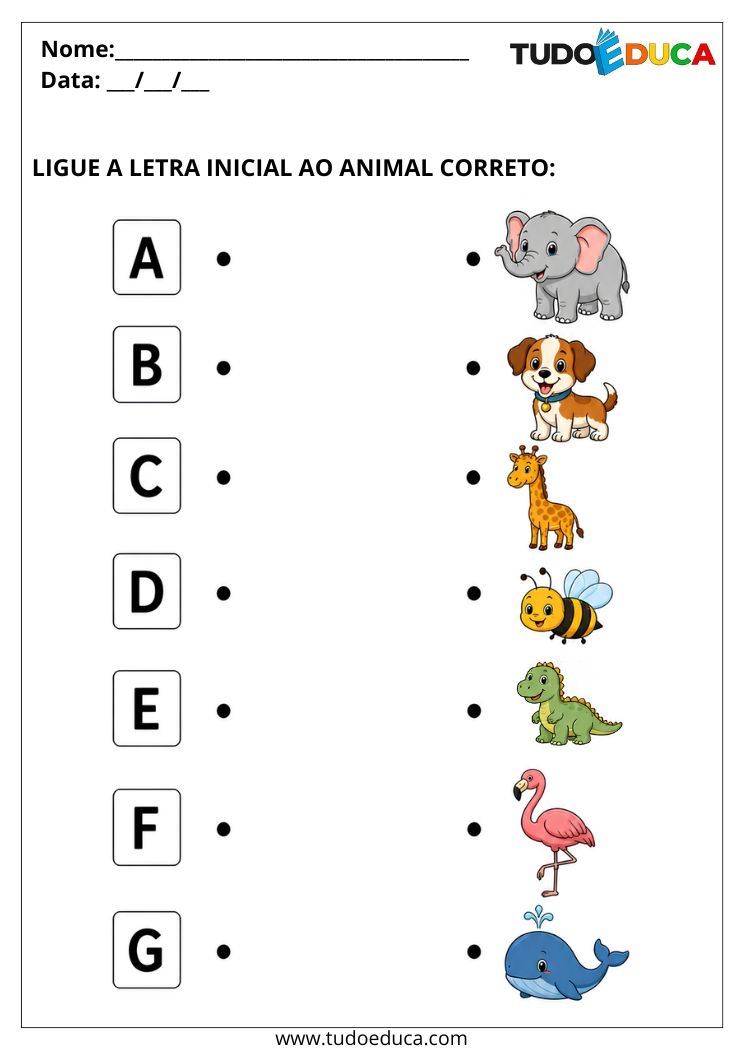 Atividade com Animais ligue as letras iniciais para Alunos com Autismo