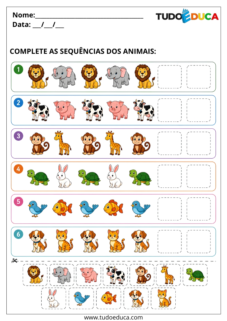 Atividade com Animais para Alunos com Autismo complete a sequencia