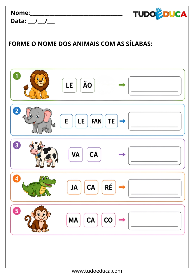 Atividade com Animais para Alunos com Autismo junte as sílabas