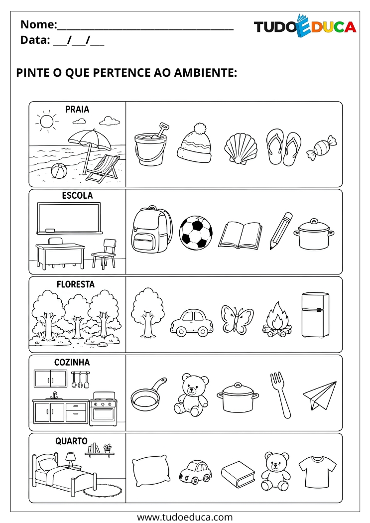 Atividade de Pintura Guiada para Autista pinte de acordo com o ambiente