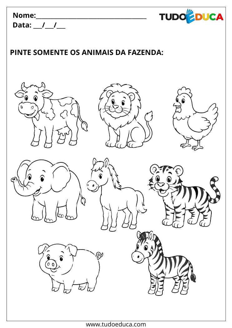 Atividade de Pintura Guiada pinte animais da fazenda para Autista