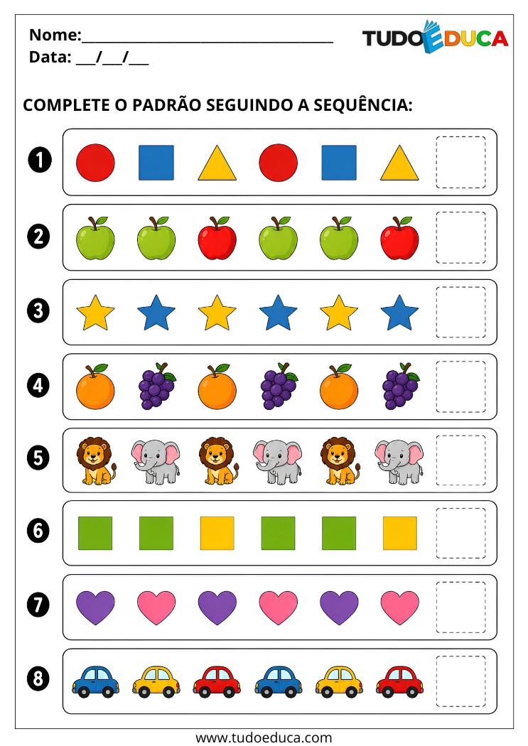 Atividade de completar a sequencia para Alunos com Deficiência Intelectual