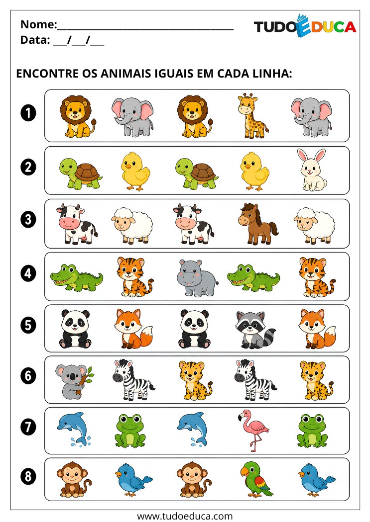 Atividade de encontrar os animais iguais para Alunos com Deficiência Intelectual