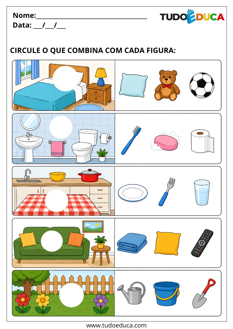 Atividade de encontrar os itens de cada ambiente para Alunos com Deficiência Intelectual