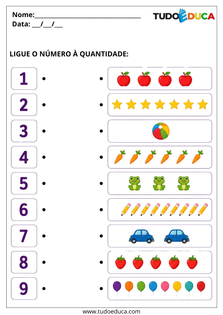 Atividade de ligar os números nas quantidades para deficiência intelectual