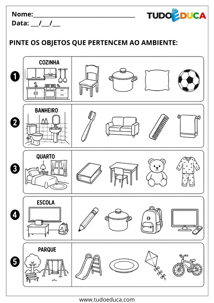 Atividade de relacionar os objetos aos ambientes para Alunos com Deficiência Intelectual
