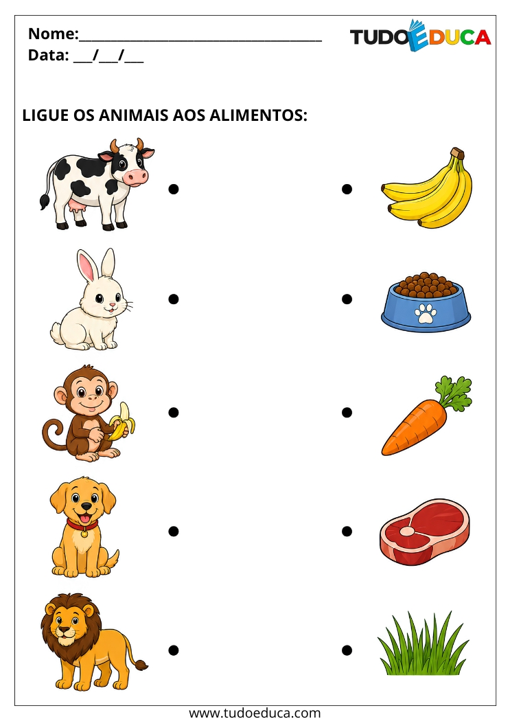 Atividade para Alunos com Autismo ligue o animal na comida