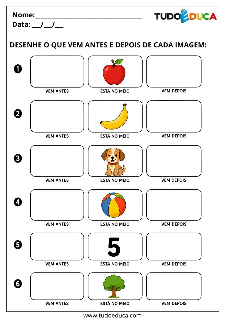 Atividade para Alunos com Deficiência Intelectual identificar o que vem antes e depois