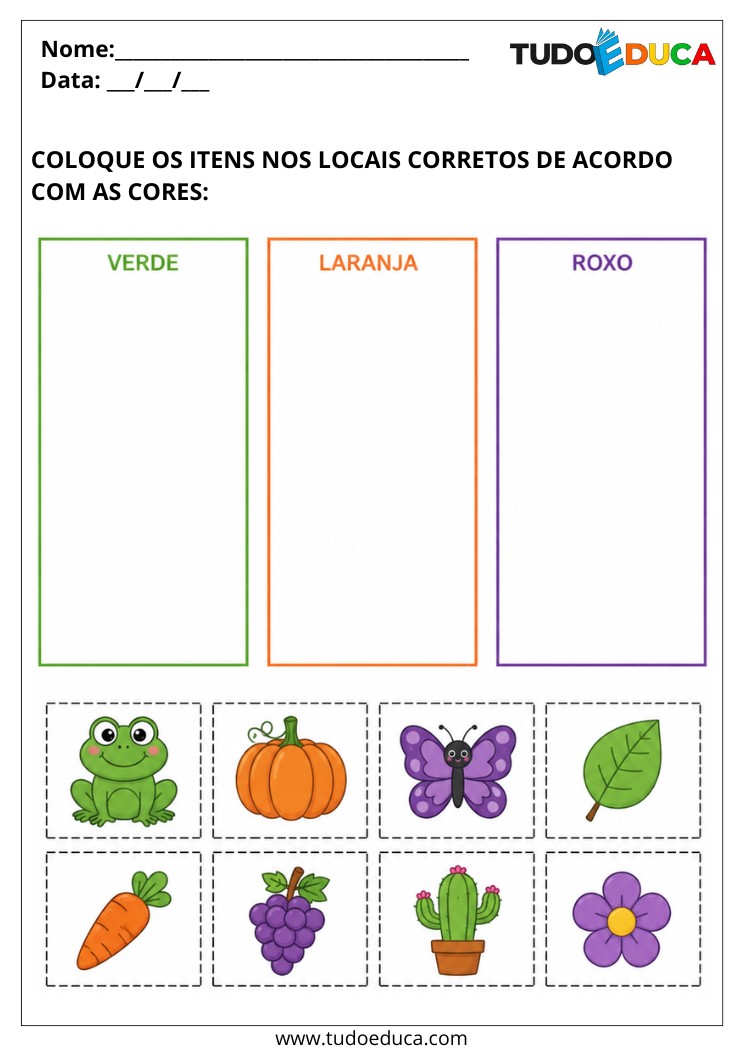 Atividade para Autismo coloque os desenhos na cor correta