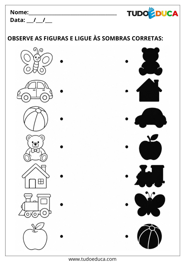 Atividade para Autismo ligue as figuras nas sombras corretas