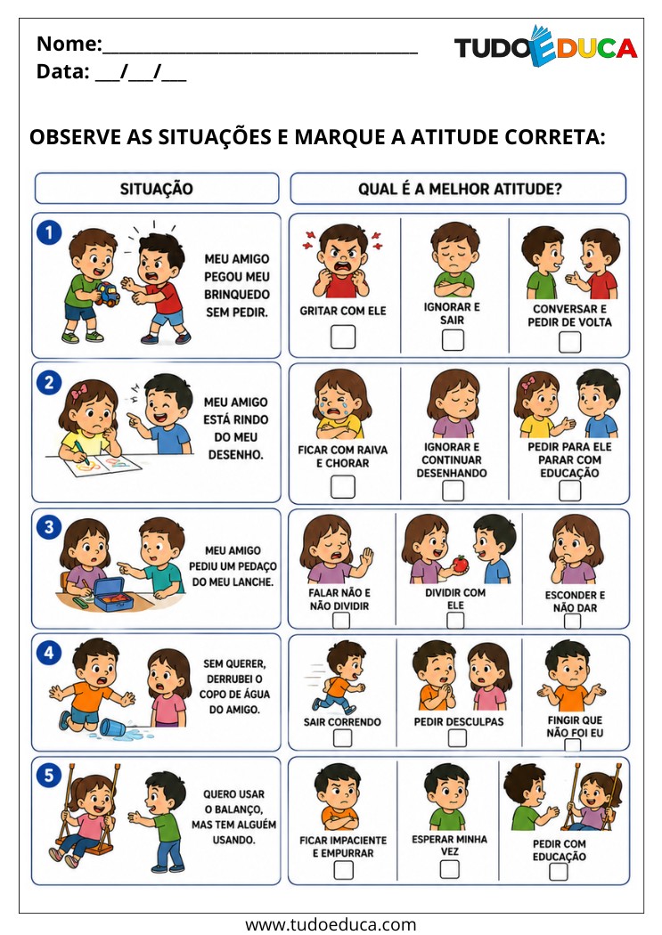 Atividade para Autismo o que fazer em cada situação